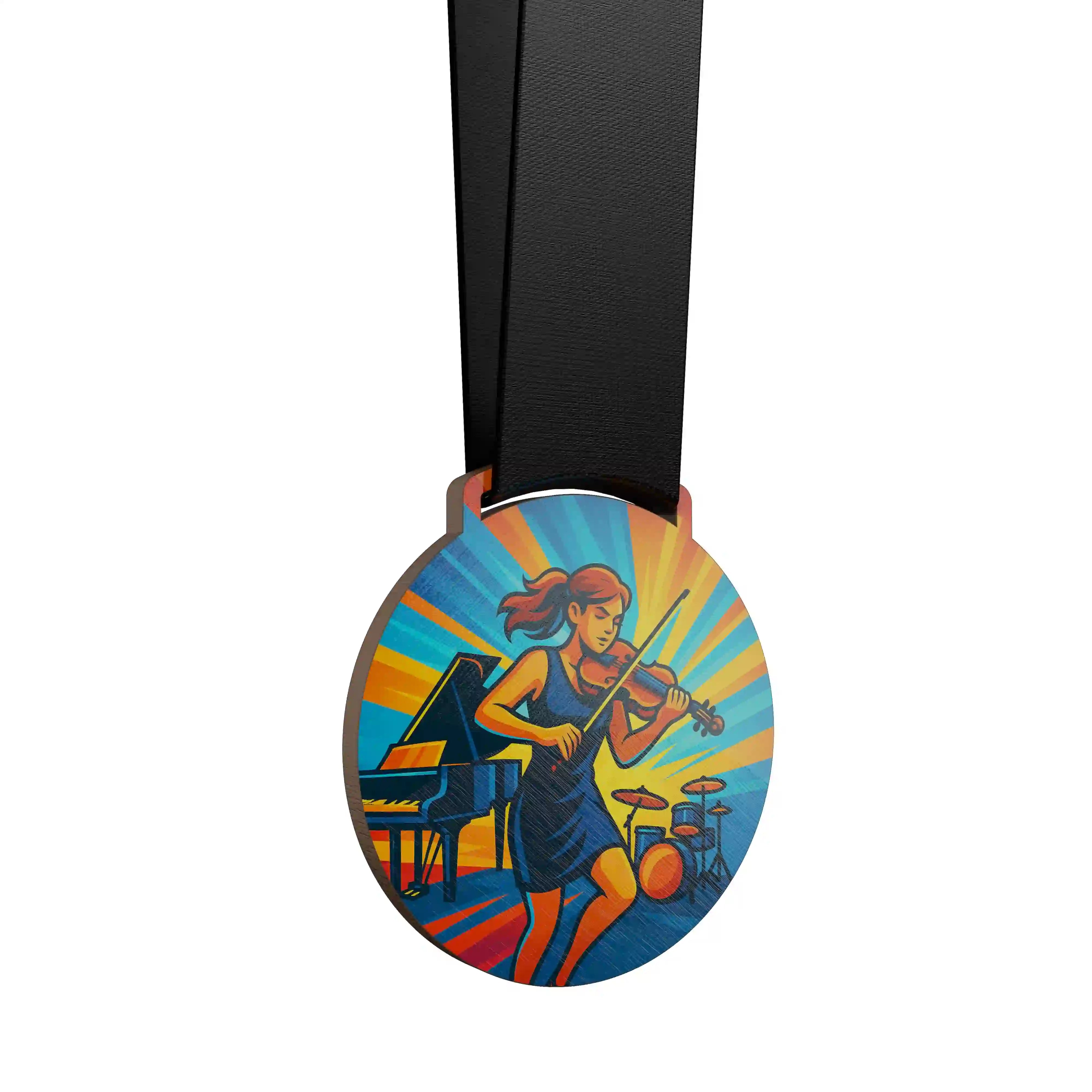 médaille en bois d'une femme faisant du violon