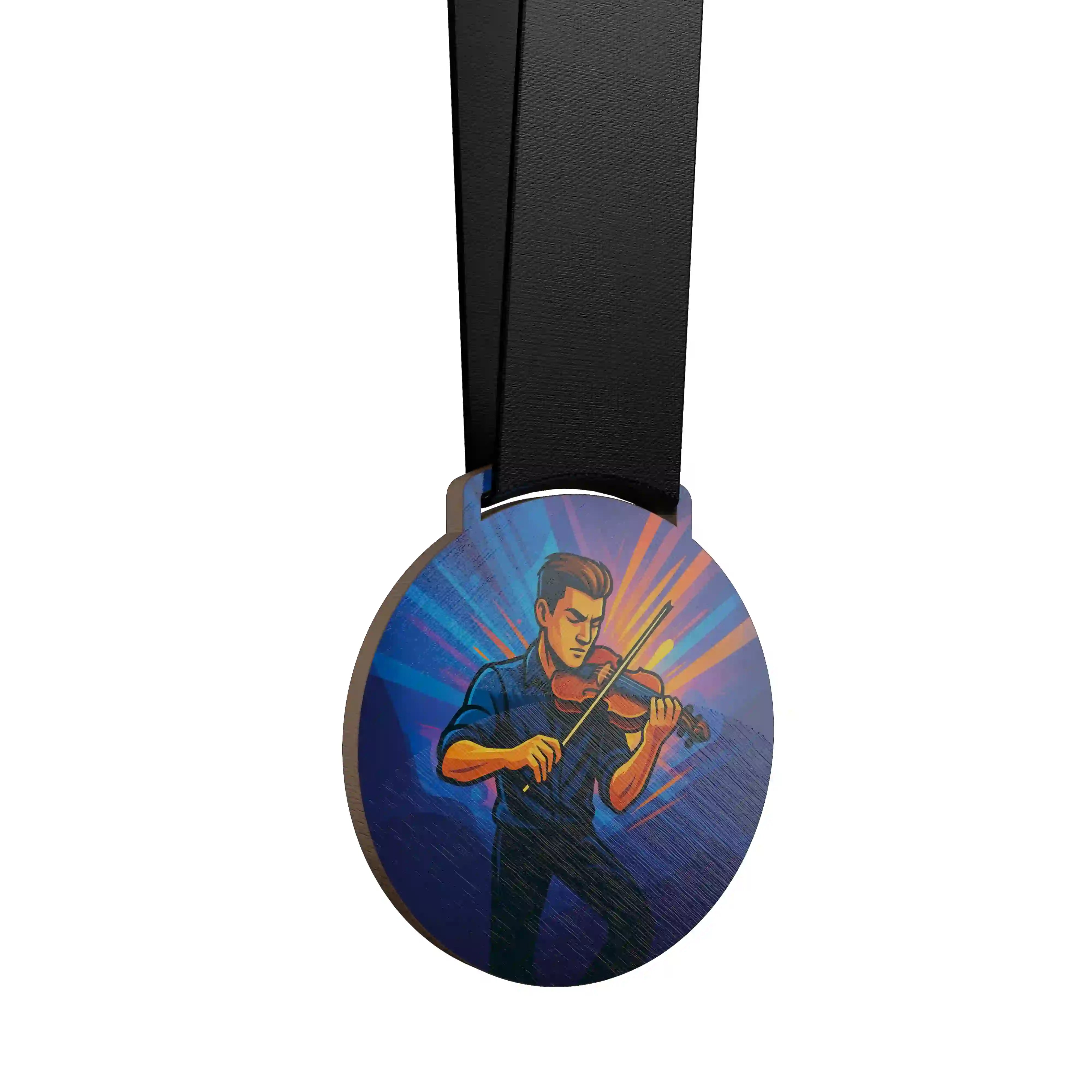 médaille en bois d'un homme jouant du violon