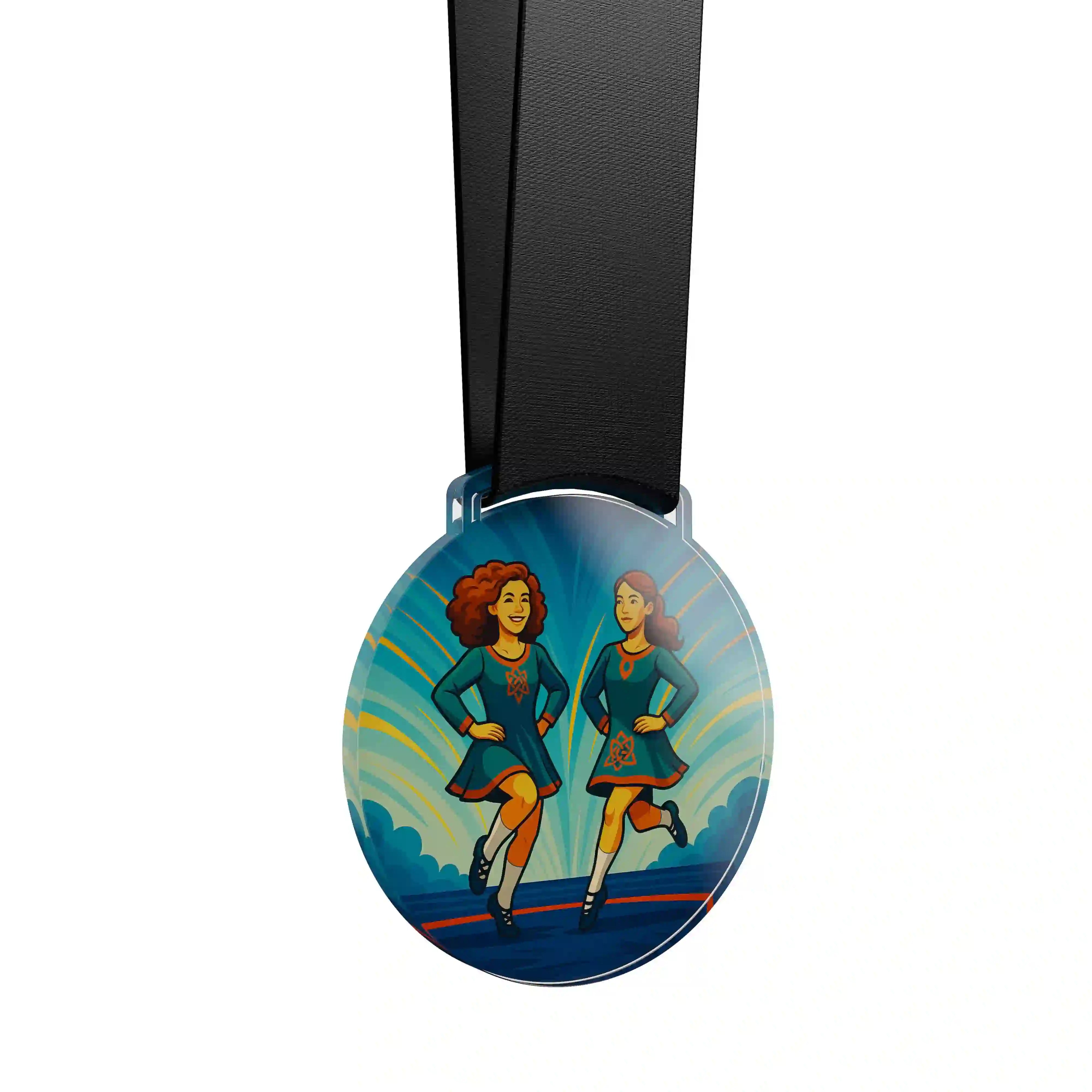médaille en acrylique d'un duo de femmes faisant de la danse irlandaise