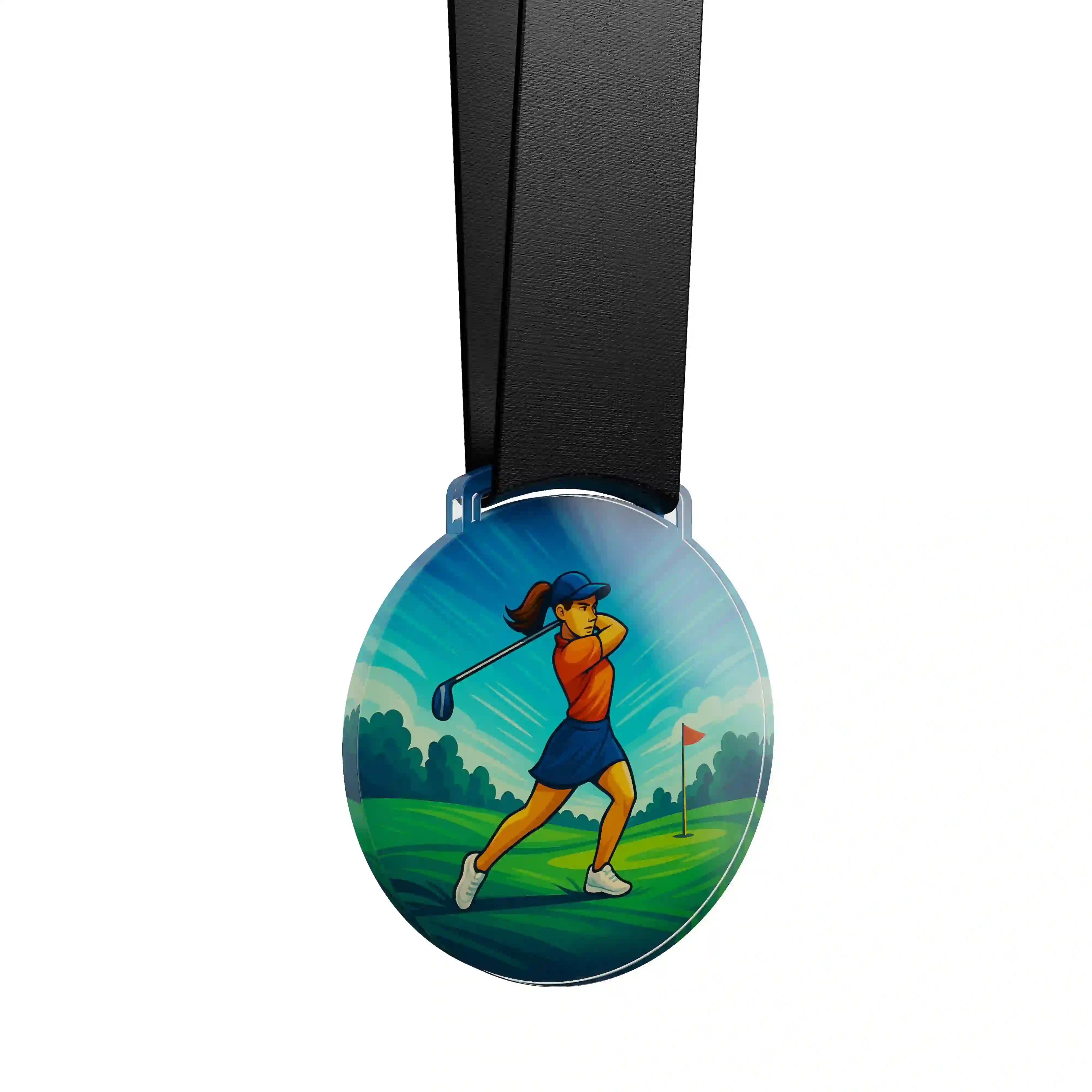 médaille acrylique d'une femme faisant du golf 