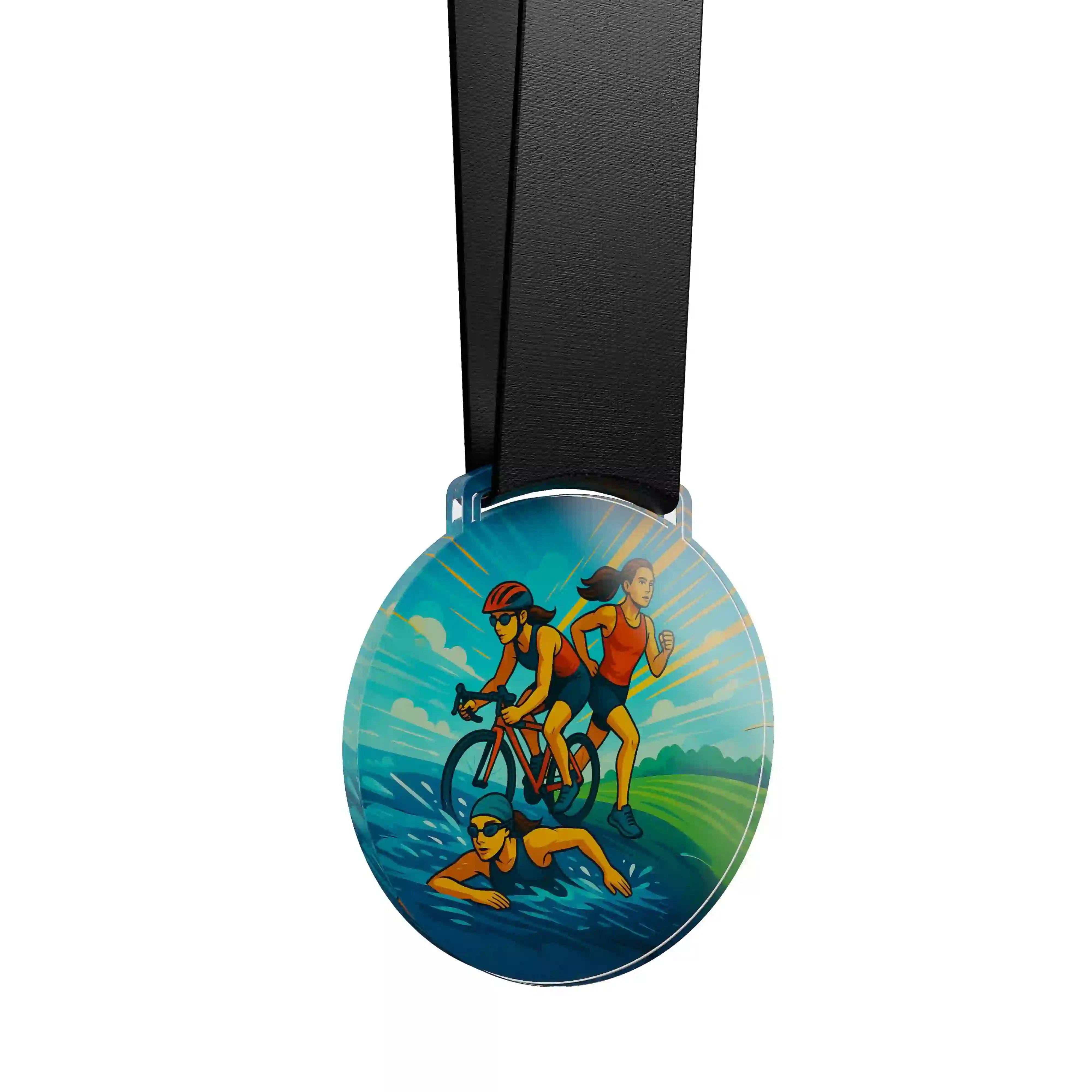 médaille acrylique d'une femme faisant du triathlon 