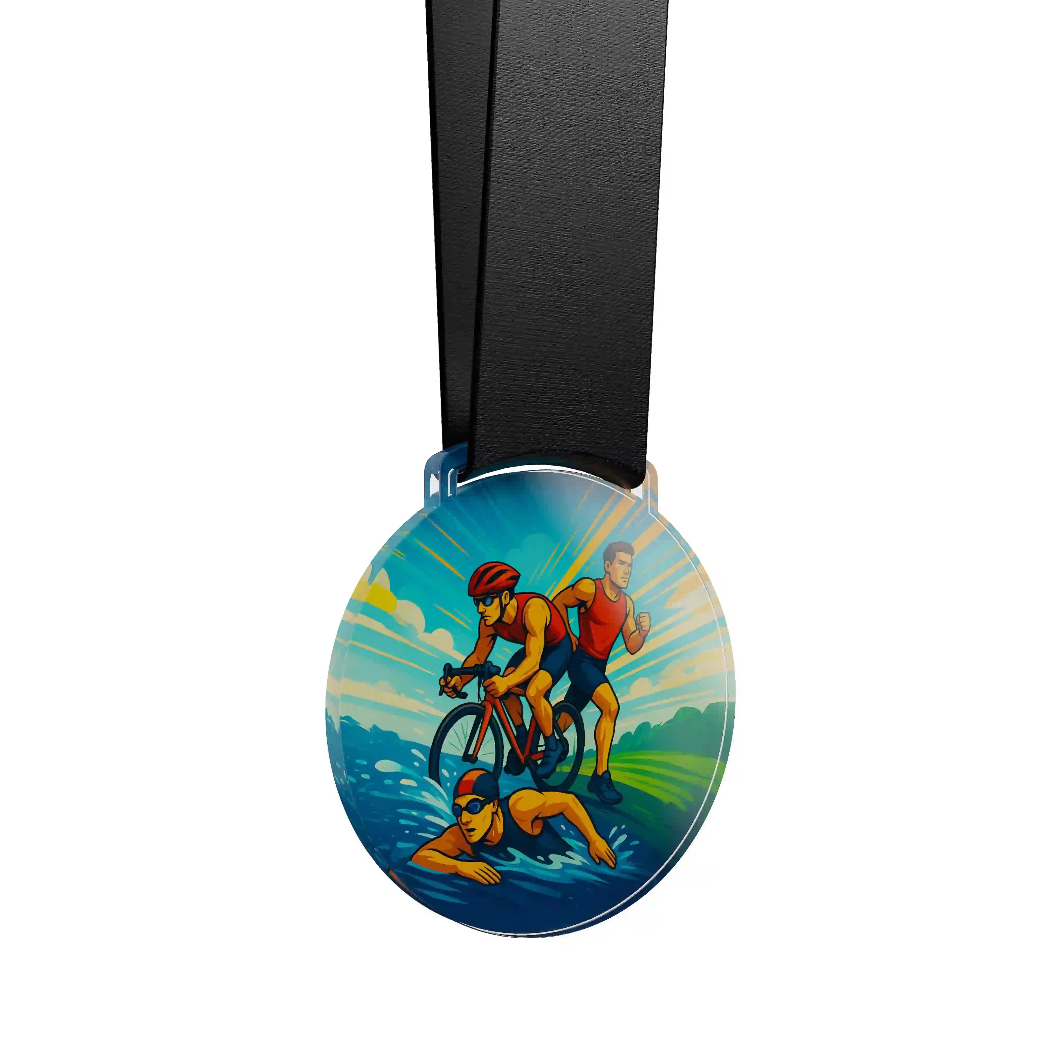 médaille acrylique d'un homme faisant du triathlon